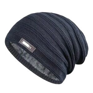 Navy Blue Knitted Beanie with Plush Fleece Lining